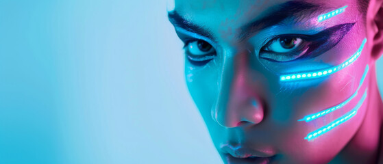A young person with vibrant face paint and futuristic glowing lines gazes intensely, embodying a bold fusion of traditional and modern aesthetics.