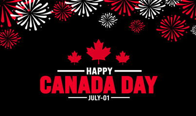 1 July is Happy Canada Day fireworks background template with Canada flag maple leaf. use to background, banner, placard, card, poster design. celebrating Canada independence day banner.