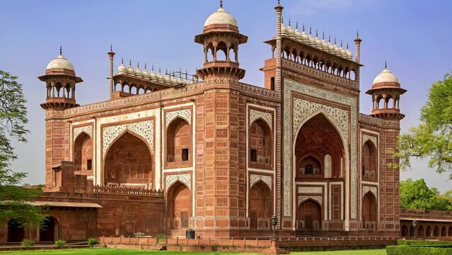 Agra, India. Taj Mahal. Gateway entrance opening of the Taj and its gardens.