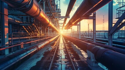 Pipeline and pipe rack of oil industrial plant with sunset sky background