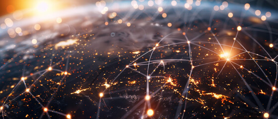 Illuminated global map showcasing web of interconnected lights representing global communication and connectivity.