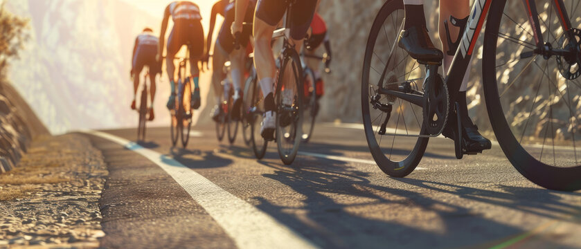 Cyclists pedal vigorously up a sunlit, scenic climb in a group, capturing the intensity and camaraderie of a competitive cycling race.