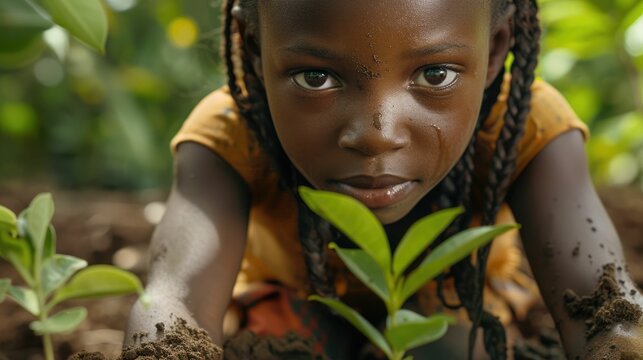 The close up picture of the young african american is planting the plant also dirty by dirt and soil, the horticulture require skill like plant knowledge, soil management, watering technique. AIG43.