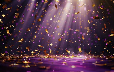 Golden Confetti Falling on Purple Background With Light