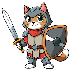 illustration of an anime cat knight in shining armor, holding a sword and shield, with a brave and slightly over-the-top heroic stance