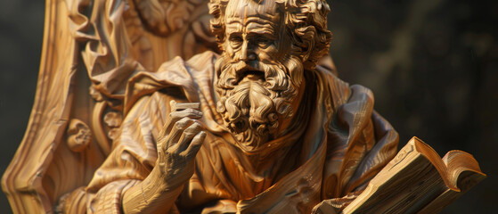 Fototapeta premium Intricate wooden sculpture of a wise, bearded man deeply engrossed in reading, capturing a moment of profound contemplation.