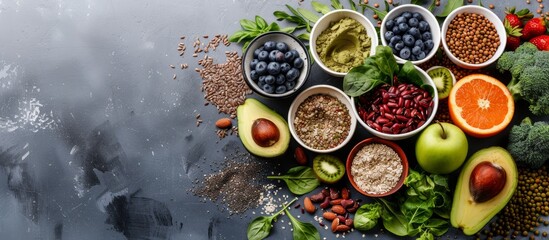 A variety of healthy foods including fruits, vegetables and grains were arranged in an artistic display on the right side of the photo. On one end were fruits such as avocados, blueberries and apples.