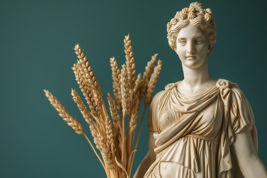 statue of Demeter, Greek Goddess of the Harvest holding wheat golden in hand against green background