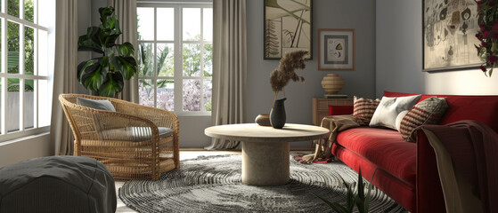 Bright and inviting living room with red sofa, wicker chair, round table decorated with vases, and wall art bathed in natural light.