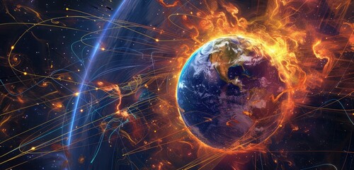 Dynamic Earth with Fiery Energy Fields in Space