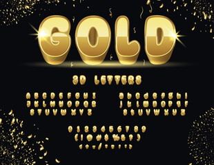 3D Gold Alphabet Letters, Rounded Numbers and Symbols. 3D Elegant Font. abc a to z golden alphabets letters golden fonts bold gold bar font typeface