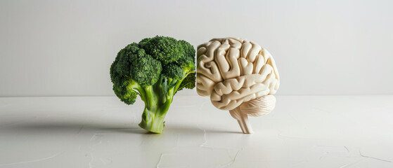 A broccoli floret and a human brain model juxtaposed on a white surface, symbolizing healthy diet for brain health.