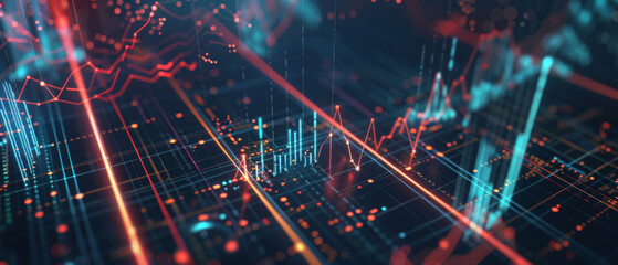 A glowing abstract representation of data visualizations, vibrant with interconnected lines, graphs, and digital elements in vivid blue and red hues.