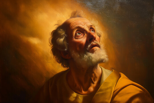  Saint Peter  a soft golden light.  surrounded by symbols of his apostolic ministry and spiritual