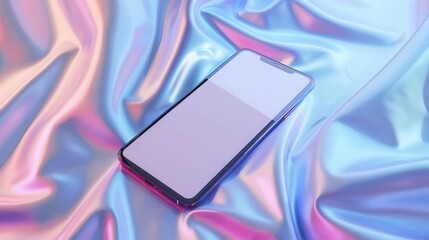 blank smartphone mockup levitating on iridescent fabric modern app promotion 3d render