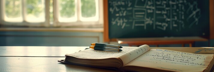 Open Textbook on Desk With Chalkboard in Background