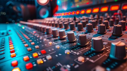 Fototapeta premium A close up of a sound mixer with many knobs and buttons