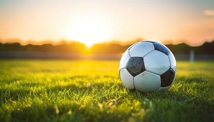 A close-up of a soccer ball on a lush green field at sunset, depicting the atmosphere of a sunset soccer game.