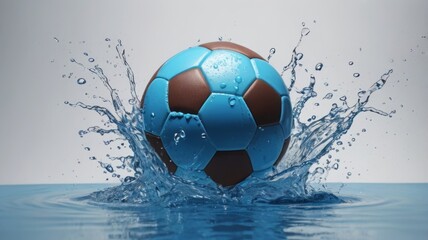 Naklejka premium A blue and brown soccer ball is in the water with splashes, showcasing the powerful interaction between the soccer ball and the water.