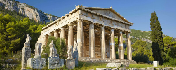 An ancient Greek temple with fluted columns and marble statues.