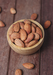 Almond snack fruit in wooden bowl