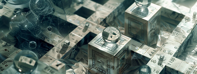 .Faceted structures and numerical patterns coalesce in a captivating composition, suggesting the integration of technological systems and financial instruments in a data-driven world.