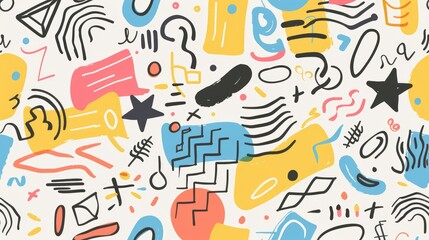 Lighthearted seamless composition of colorful line doodles and basic shapes, creating a fun and minimalist backdrop.