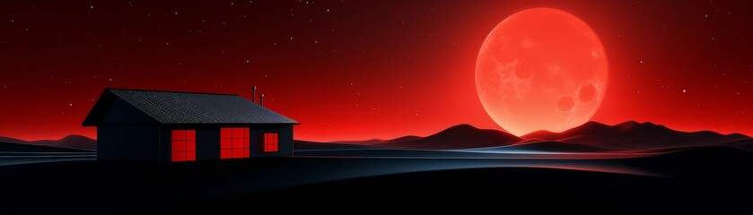 Fototapeta premium Dark landscape with a small house and a large red moon glowing over mountains, creating an eerie and captivating night scenery.