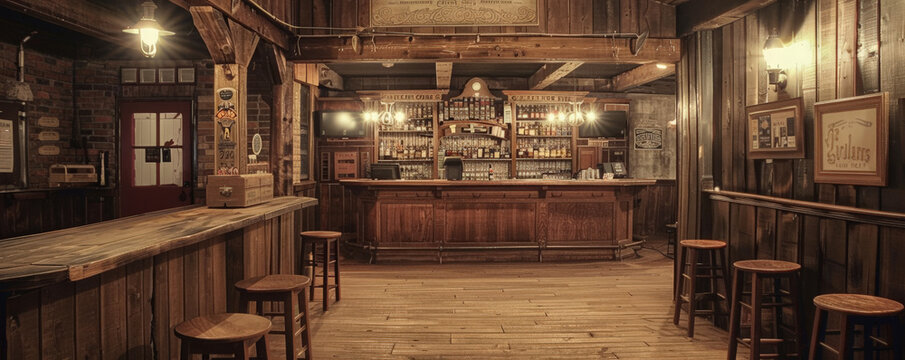 An old Western saloon with wooden bar and swinging doors.
