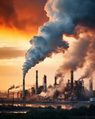 Industrial factory emitting smoke during sunset, highlighting environmental pollution and the impact of industrial activities on air quality.