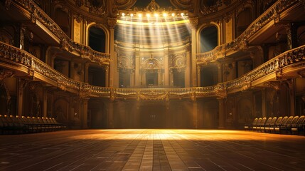 Obraz premium Majestic view of an empty opera house, spotlight from the stage highlighting the elegant golden decorations and luxurious seating.