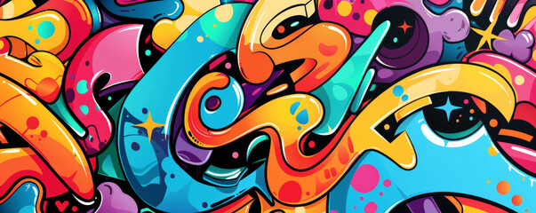 Colorful background with bold, graffiti-style art in vivid colors.