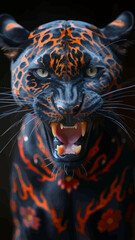 Vividly Painted Leopard with Open Mouth and Flames Design