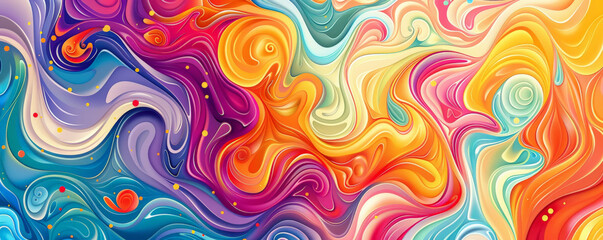Colorful background with swirling, psychedelic patterns in bright tones.