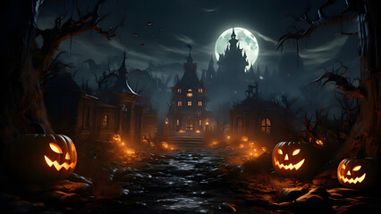 Fototapeta premium Halloween Town - Pumpkins, Jacko lanterns, Haunted Scene, Spooky Setting, Full Moon, Creepy Town
