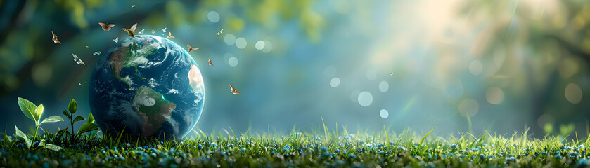 Obraz premium Photo Realistic Earth Conservation and Ozone Concept with Symbols and Ample Space for Text on Ozone Protection Stock Photo Concept