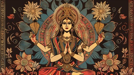 Obraz premium Traditional Indian Art of Goddess Lakshmi: Design an image of Goddess Lakshmi in the style of traditional Indian art, such as Tanjore or Madhubani. 