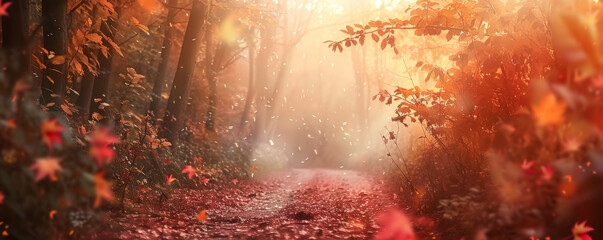 Enchanting autumn background with a forest trail, red and orange leaves, and dappled sunlight.