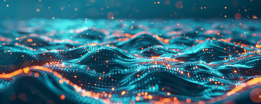Digital ocean with waves of binary code and glowing elements.