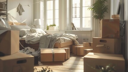 cardboard boxes with belongings in messy bedroom moving day and relocation concept 3d illustration