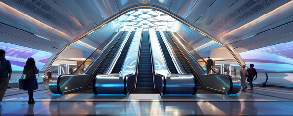 Futuristic train station with digital schedules, holographic displays, and sleek design.