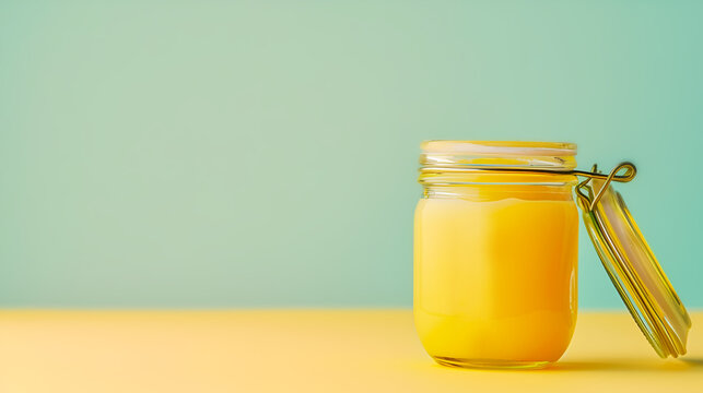 Ghee butter in a glass jar on pastel background