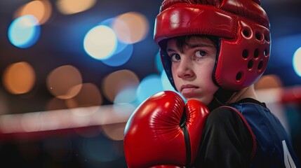 Young boy in red boxing gear, focused and ready for match in boxing ring. Bokeh lights in background add dramatic effect.