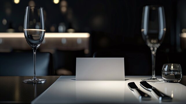 fine dining table setting of luxury fancy restaurant menu invitation card mockup for weddings and romantic eating event decoration as wide banner with empty black copy space