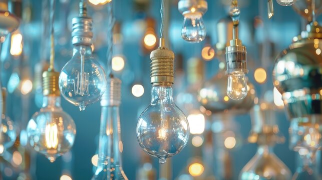 Vintage light bulbs collection on blue background with gold bronze and silver lamps Close up view with blurred background