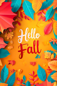 Words "Hello Fall" on autumn orange background