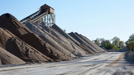 Industrial Sand and Gravel Piles Under Conveyor