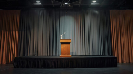 Black rectangular stage with black skirting around the edge with a grey curtain backdrop and wooden podium with microphone in the middle of the stage