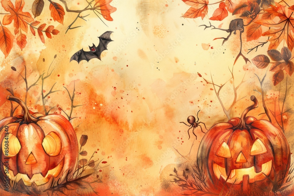 Wall mural Hand-drawn Halloween Pumpkins and Bat with Autumn Leaves on White Background - Wall murals