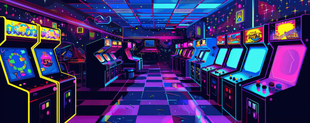 A 1980s arcade game theme with pixelated graphics and bright colors.